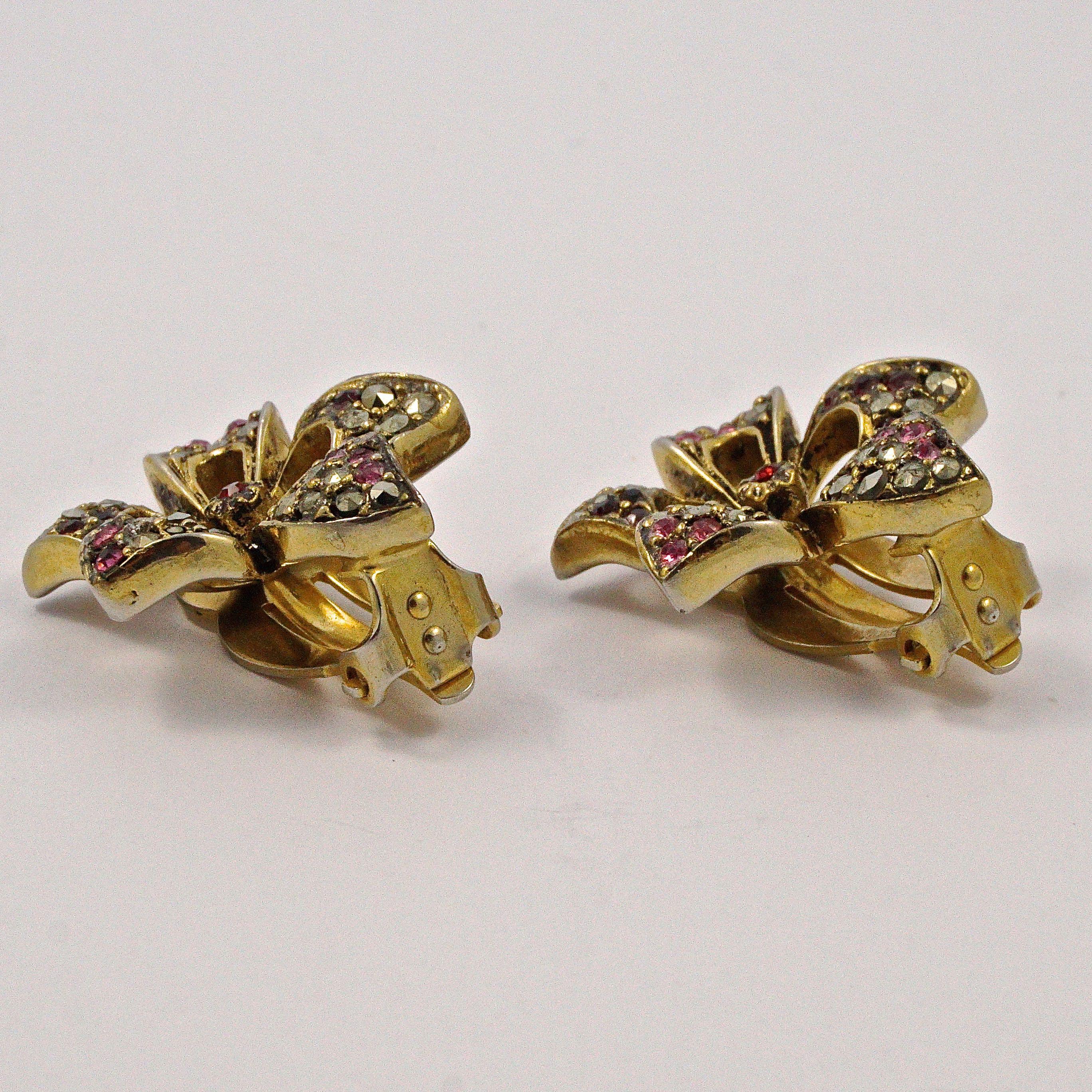 Round Cut Les Bernard Gold Plated Flower Earrings with Marcasites Red Pink Rhinestones For Sale