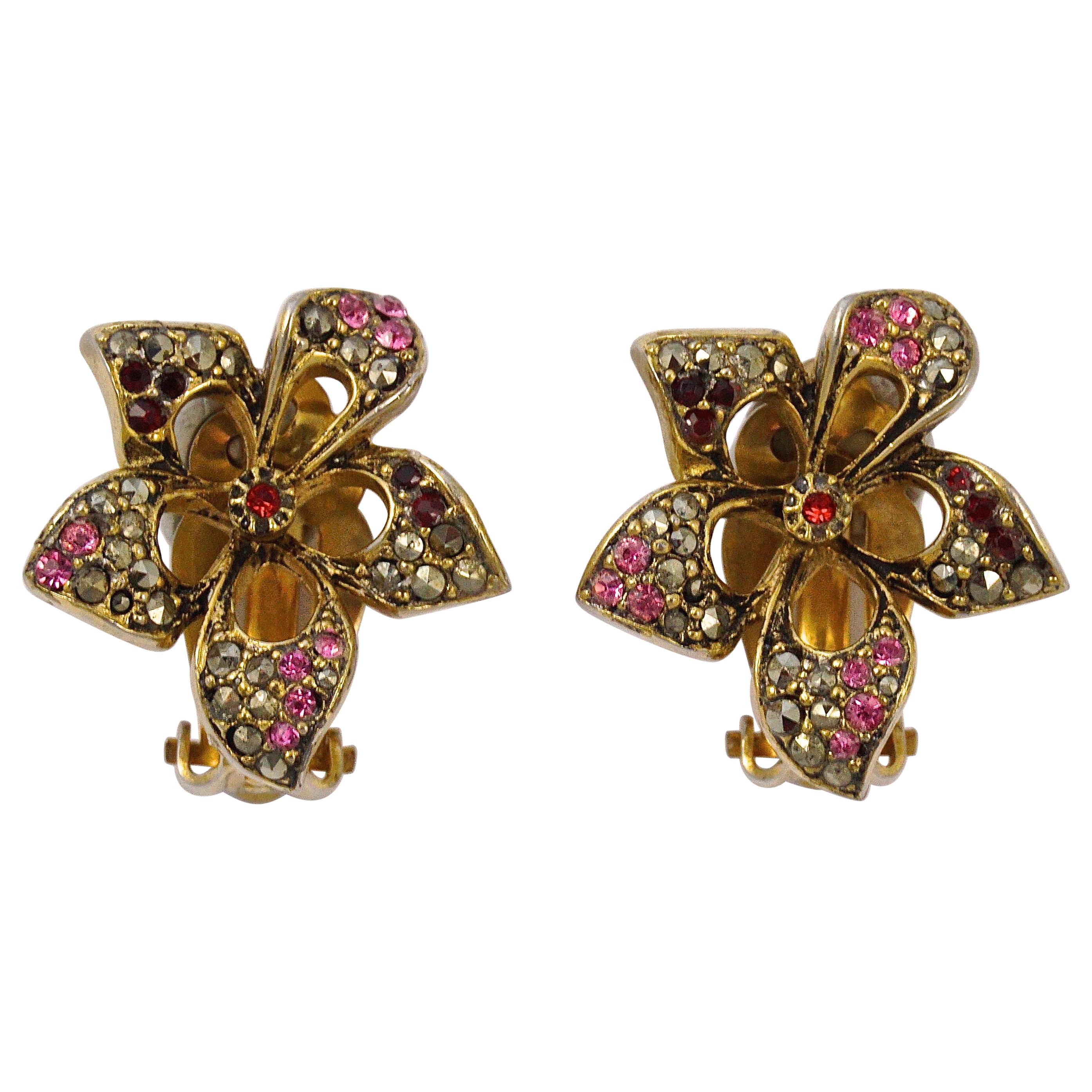 Les Bernard Gold Plated Flower Earrings with Marcasites Red Pink Rhinestones For Sale