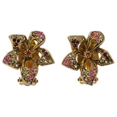 Vintage Les Bernard Gold Plated Flower Earrings with Marcasites Red Pink Rhinestones