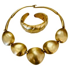 Retro Les Bernard Pale Gold Brushed Satin Finish Choker Necklace & Cuff Bracelet Set
