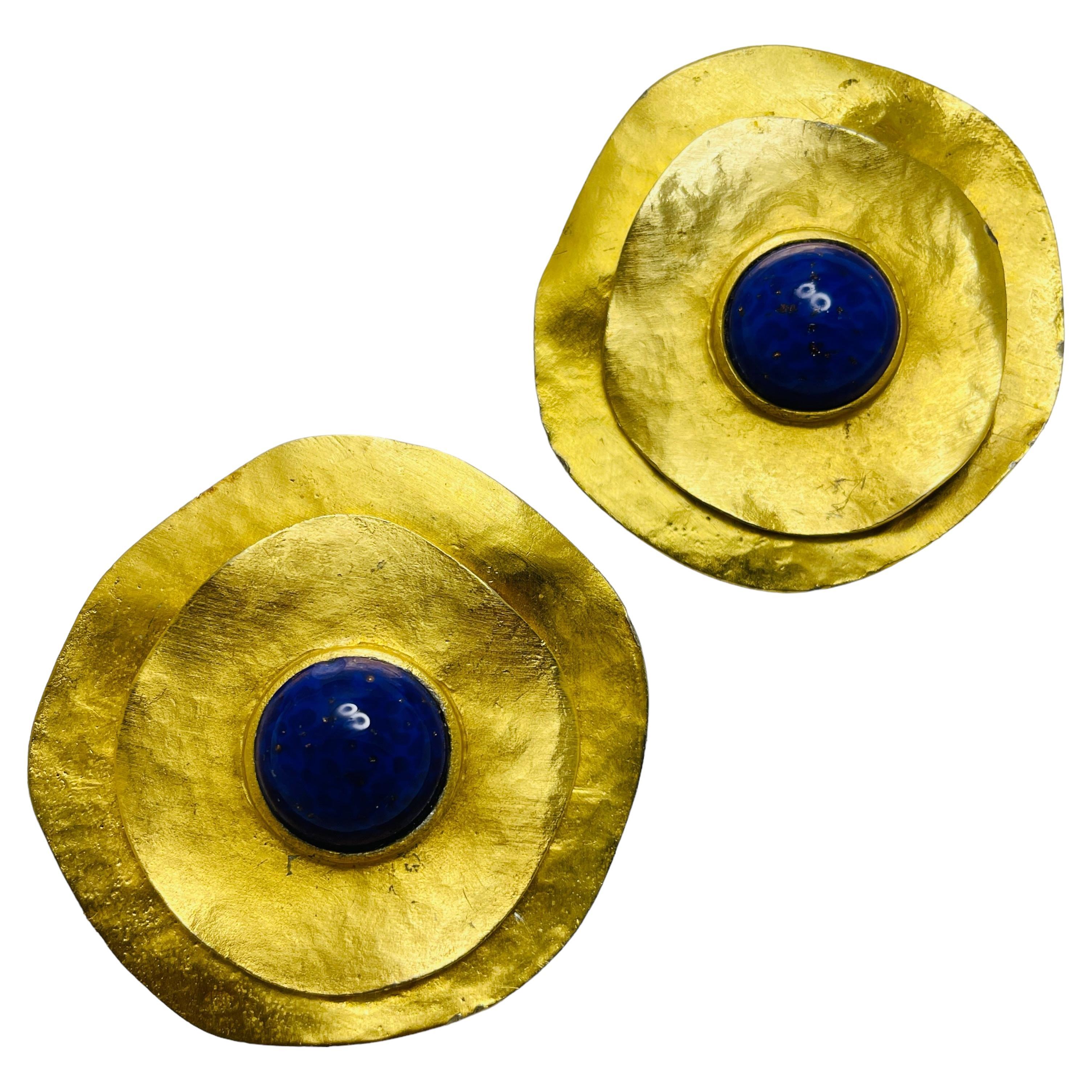 LES BERNARD signed gold tone faux lapis designer clip on runway earrings