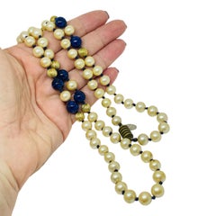 LES BERNARD signed vintage gold tone glass pearls lapis beaded designer necklace