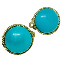 LES BERNARD signed vintage gold tone turquoise glass clip on earrings LES BERNARD signed vintage gold tone turquoise glass clip on earrings