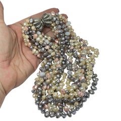 LES BERNARD signed vintage silver glass beads multi strand designer necklace