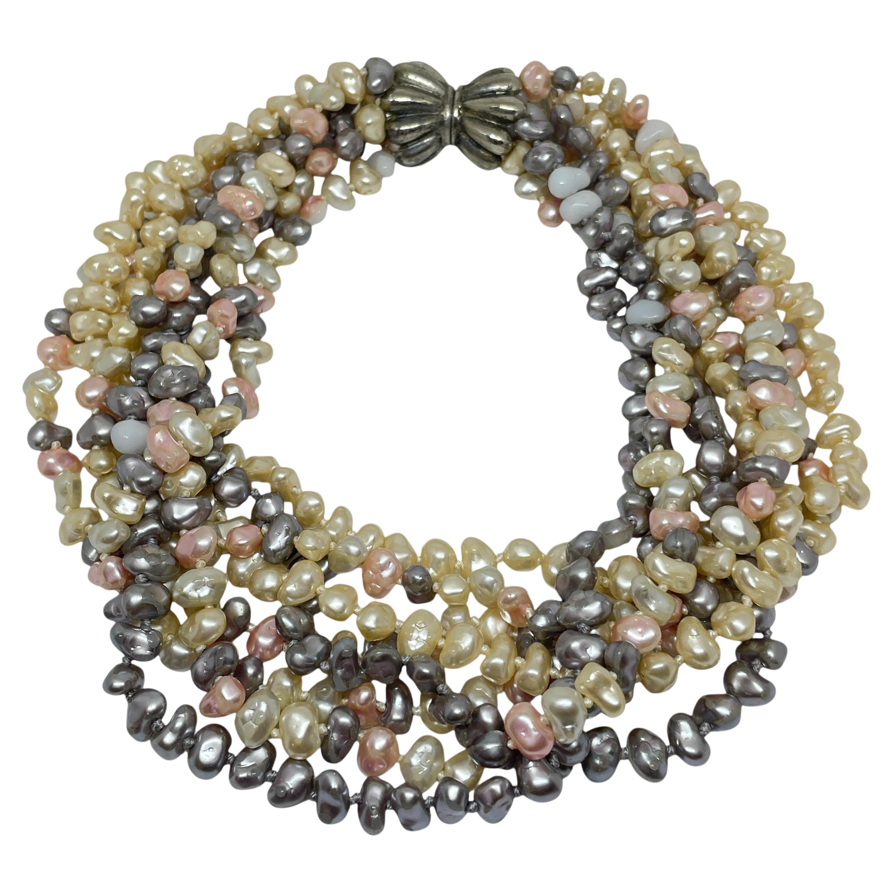 LES BERNARD signed vintage silver glass beads multi strand designer necklace