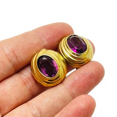 LES BERNARD vintage gold amethyst glass designer runway clip on earrings