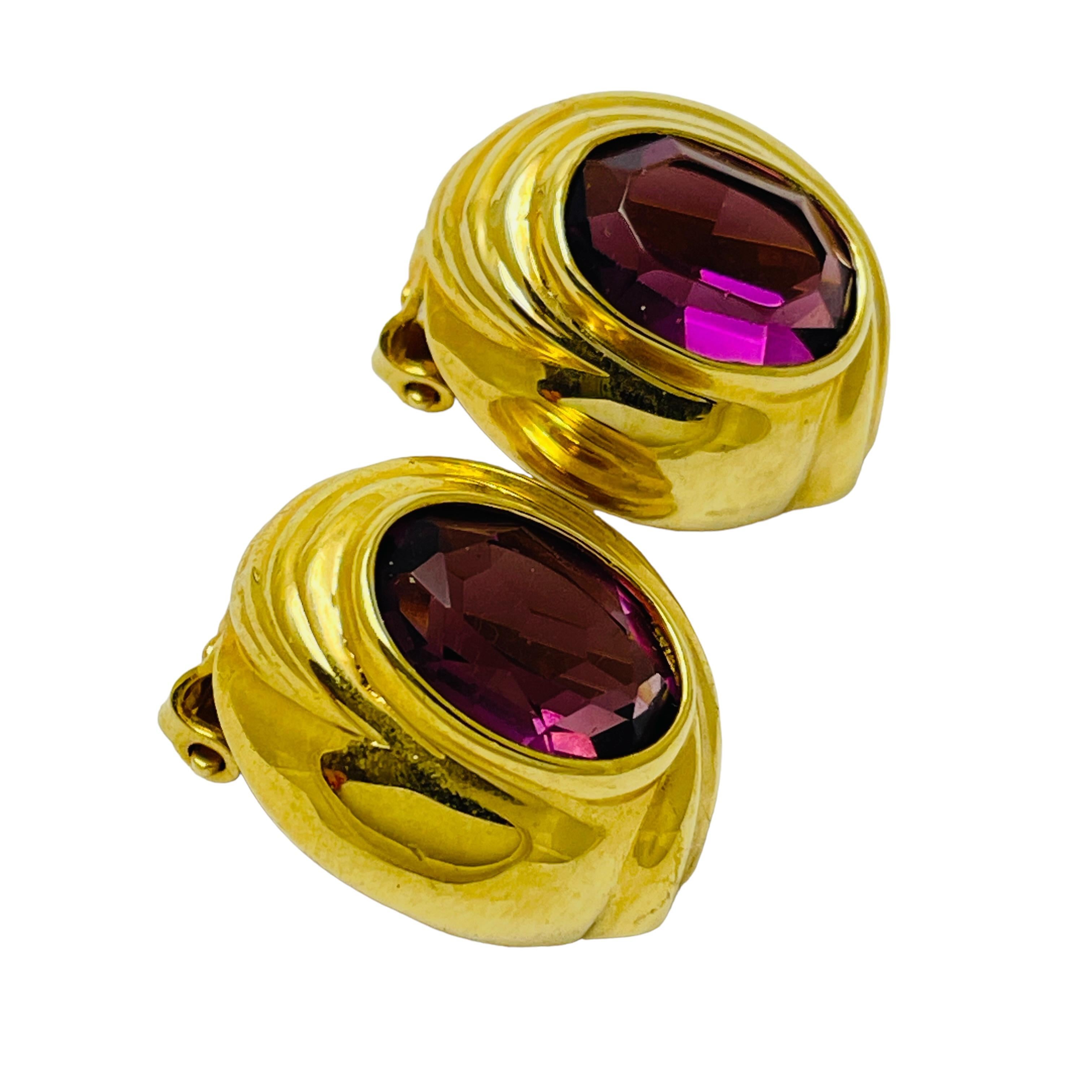 Women's or Men's LES BERNARD vintage gold amethyst glass designer runway clip on earrings For Sale