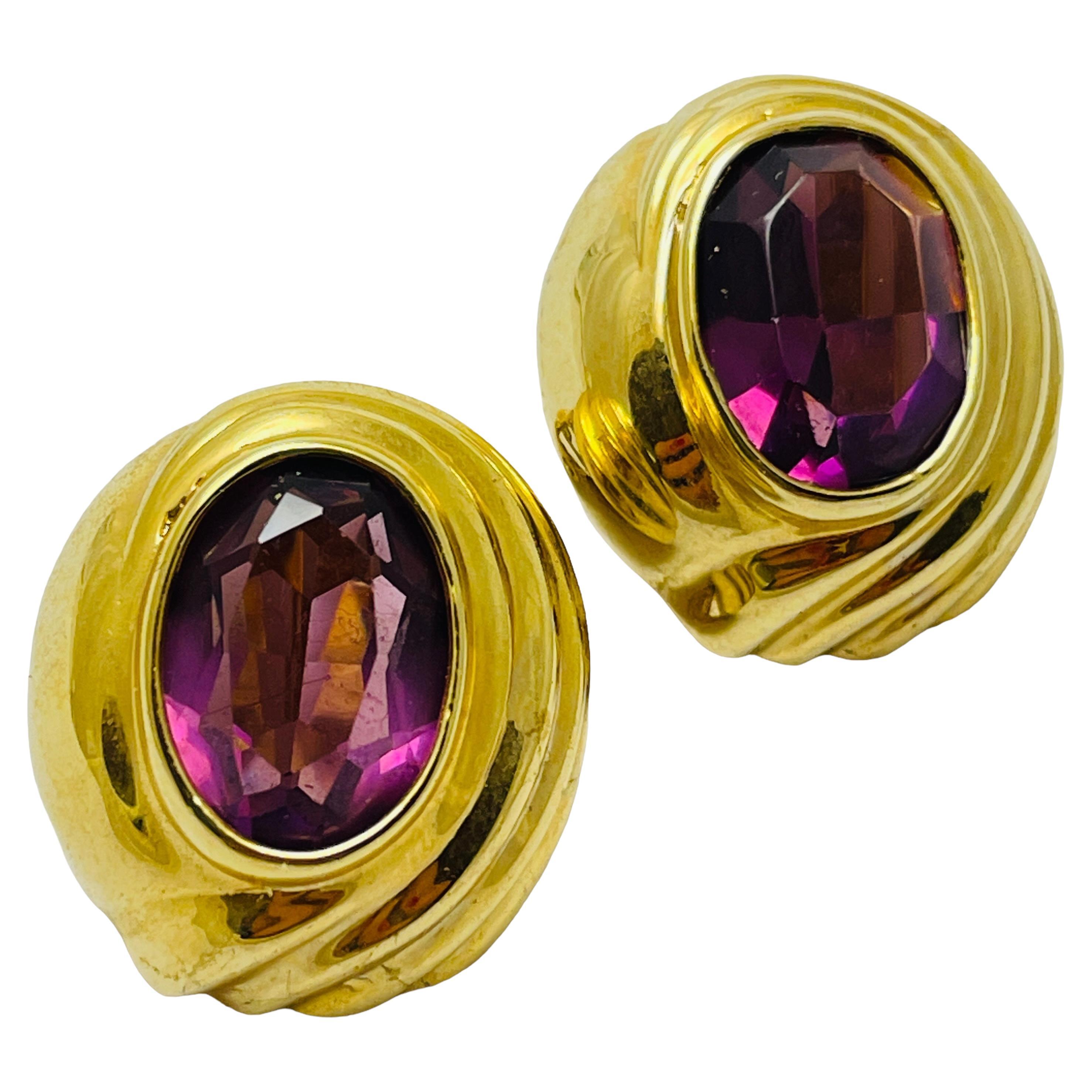 LES BERNARD vintage gold amethyst glass designer runway clip on earrings For Sale