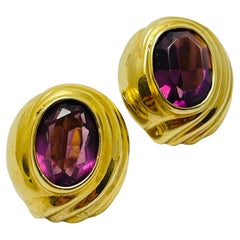 LES BERNARD vintage gold amethyst glass designer runway clip on earrings