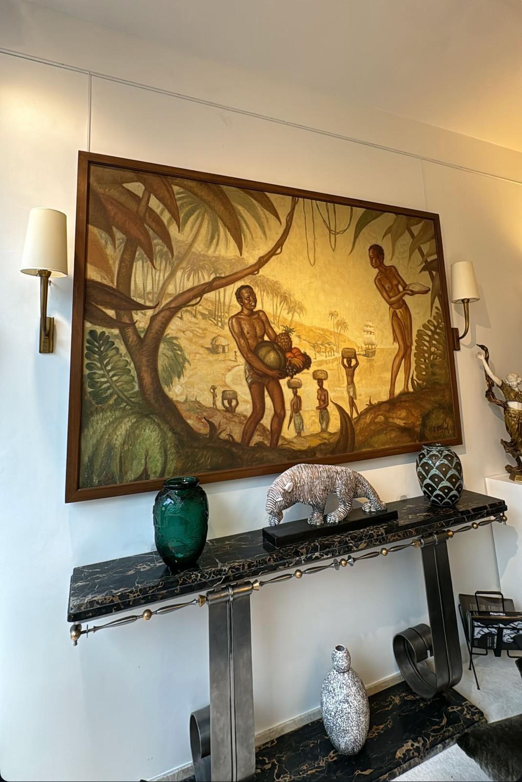 Francese Les Bienfaits de la Nature di F.Majorel (1878-1965) Grande olio su tela in stile Art Déco in vendita