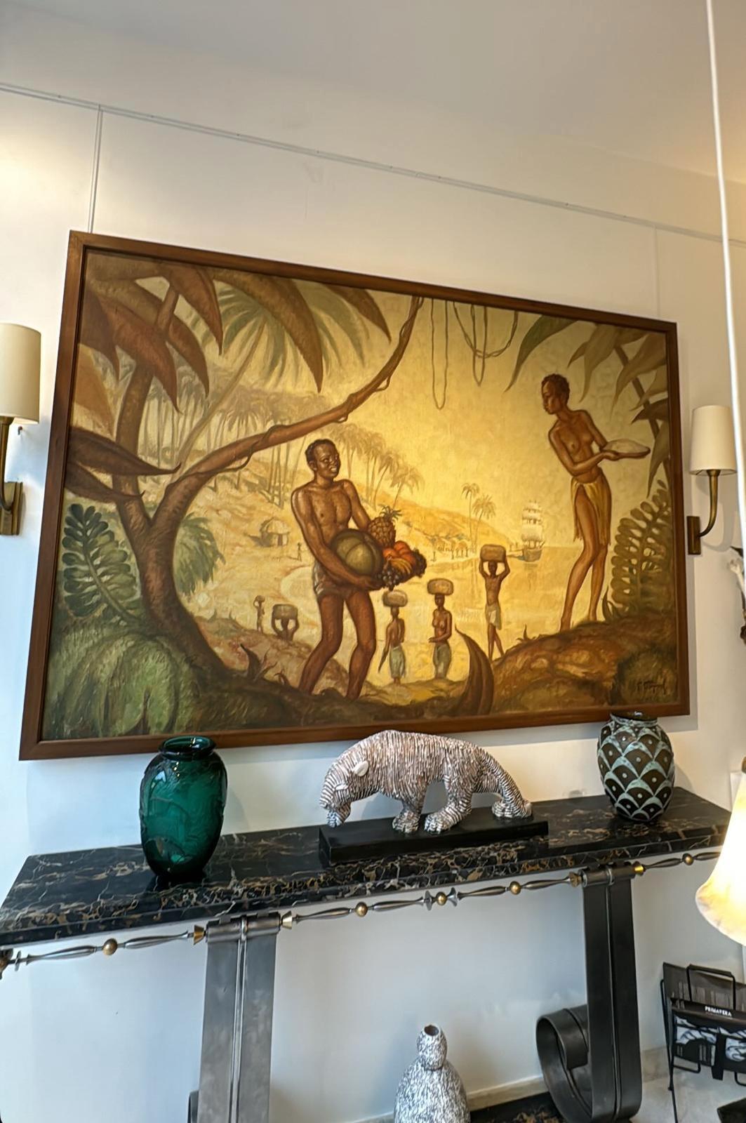 Dipinto a mano Les Bienfaits de la Nature di F.Majorel (1878-1965) Grande olio su tela in stile Art Déco in vendita