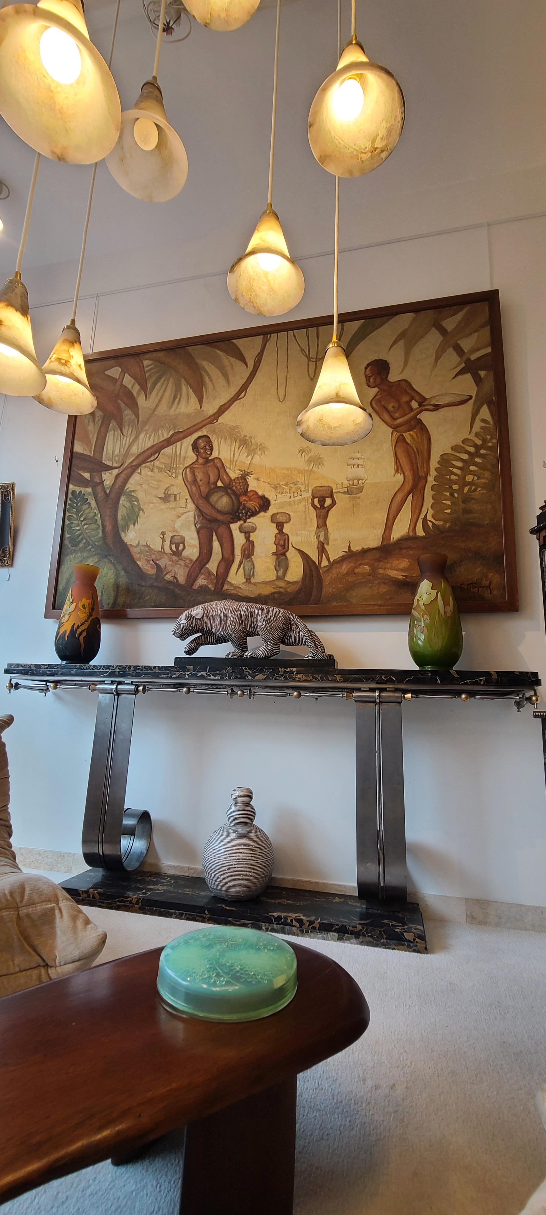 Metà XX secolo Les Bienfaits de la Nature di F.Majorel (1878-1965) Grande olio su tela in stile Art Déco in vendita