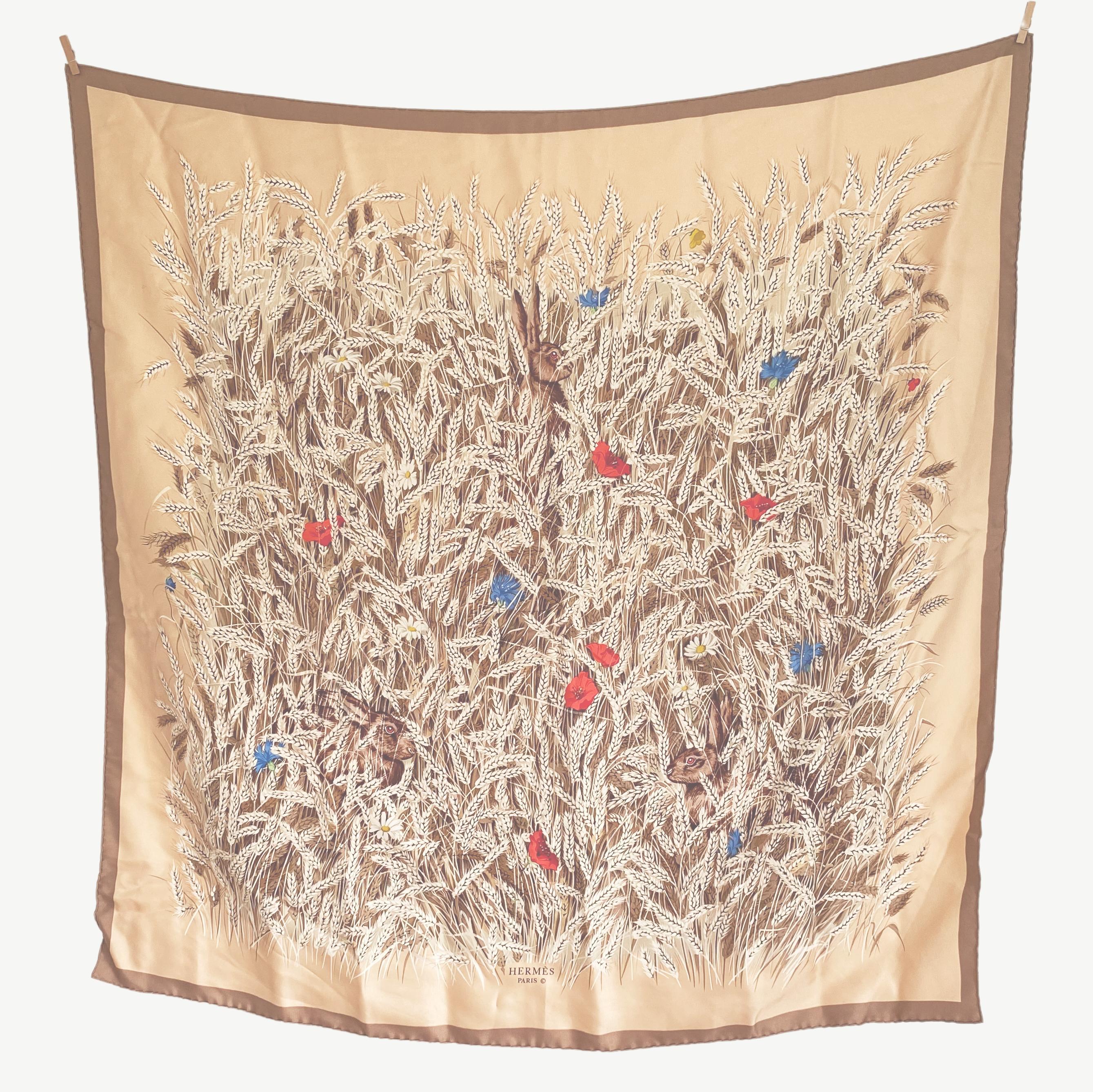 LES BLES Hermès CARRÉ Schal mit Harenpfirsichen von Hugo RYGKAR Seiden Twill NIB (Orange)