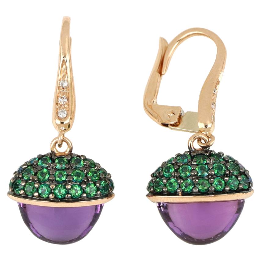 18kt Rose Gold Les Bois Earrings With Purple Amethyst and Green Topazes For Sale