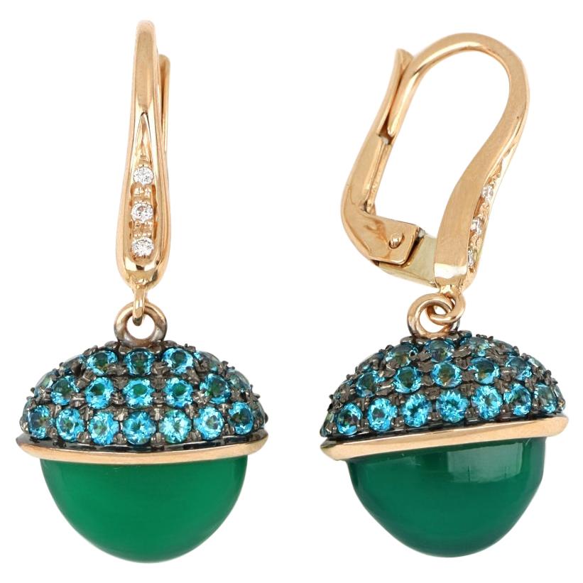 18kt Rose Gold Les Bois Earrings With Green Onix and Blue Paraiba For Sale