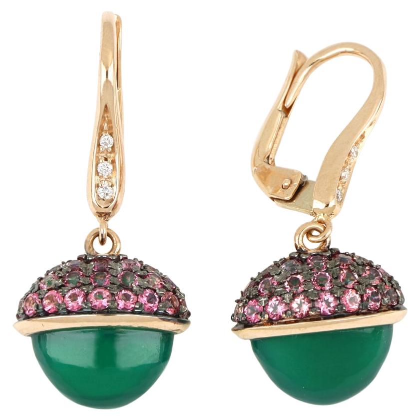 18kt Rose Gold Les Bois Earrings with Green Onix and Pink Topazes For Sale