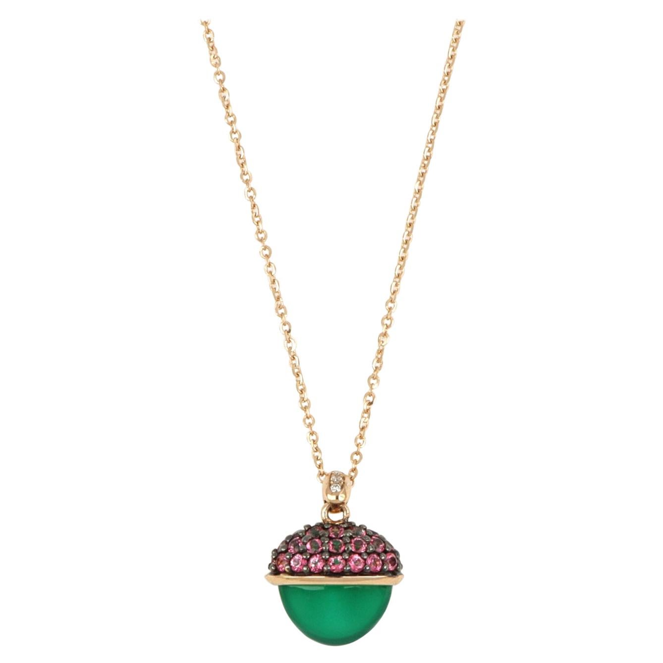 18kt Rose Gold Les Bois Necklace with Green Onix and Pink Topazes For Sale