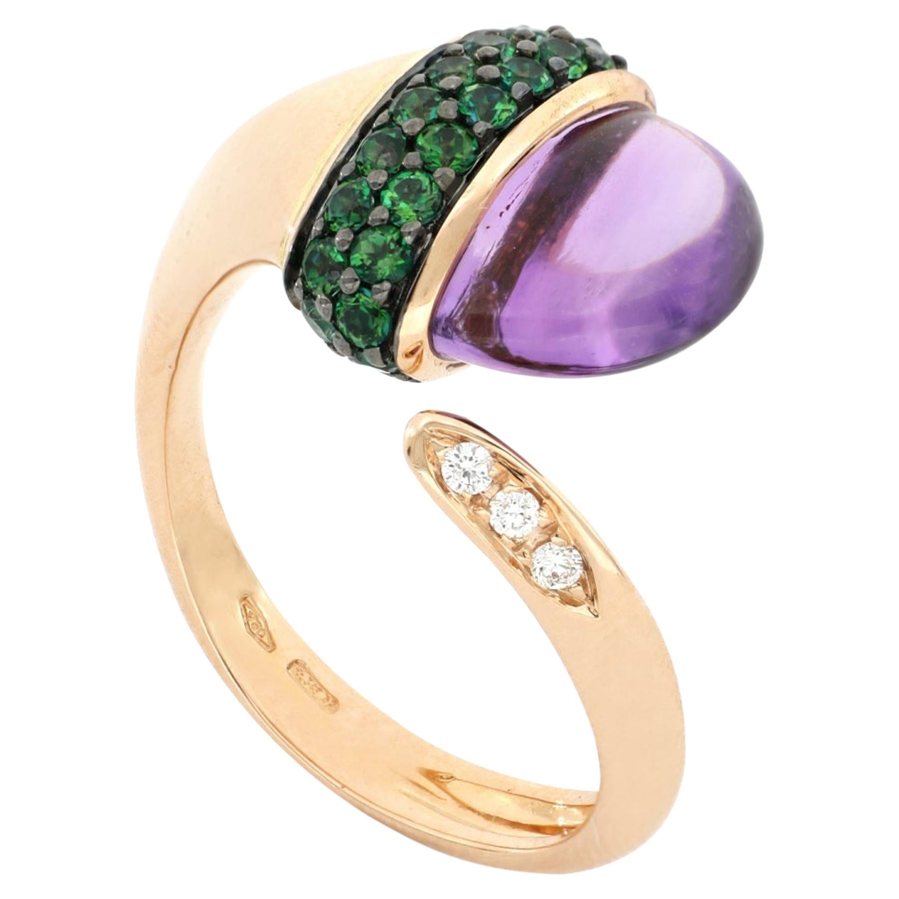 For Sale:  18kt Rose Gold Les Bois Open Ring with Purple Amethyts and Green Topaz