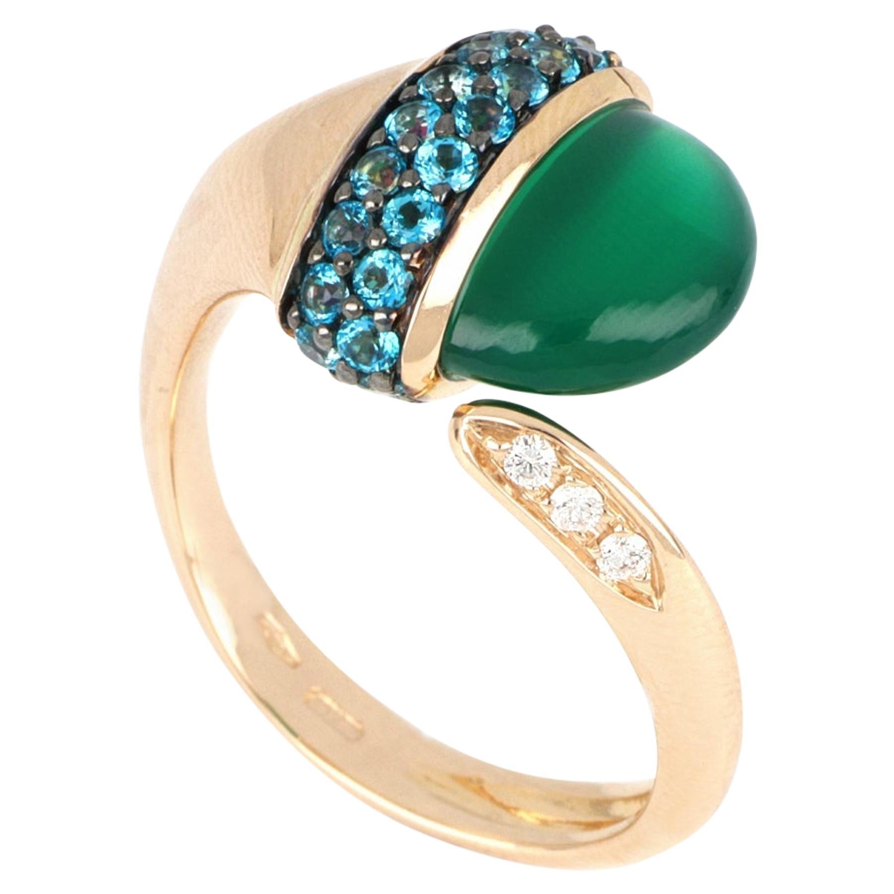 For Sale:  18kt Rose Gold Open Ring Les Bois with Green Onix and Blue Paraiba