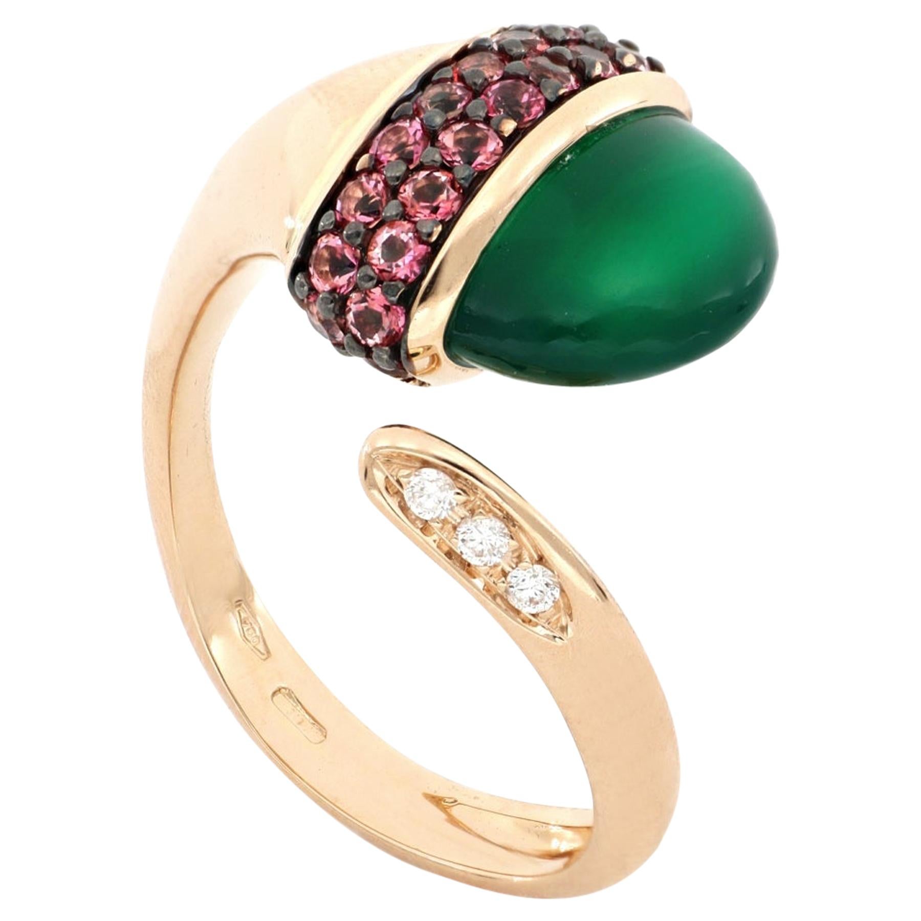 For Sale:  18kt Rose Gold Les Bois Open Ring with Green Onix and Blue Topazes