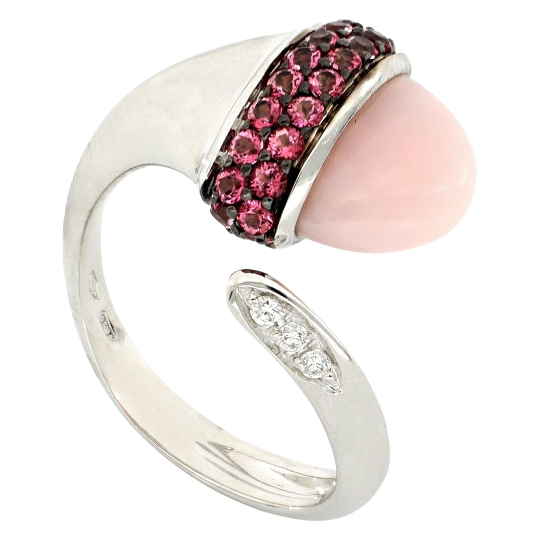 18kt White Gold Les Bois Open Ring with Opal and Pink Topazes