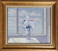 Natura morta di fiori davanti alla finestra, pittura a olio impressionista di Les Bullene