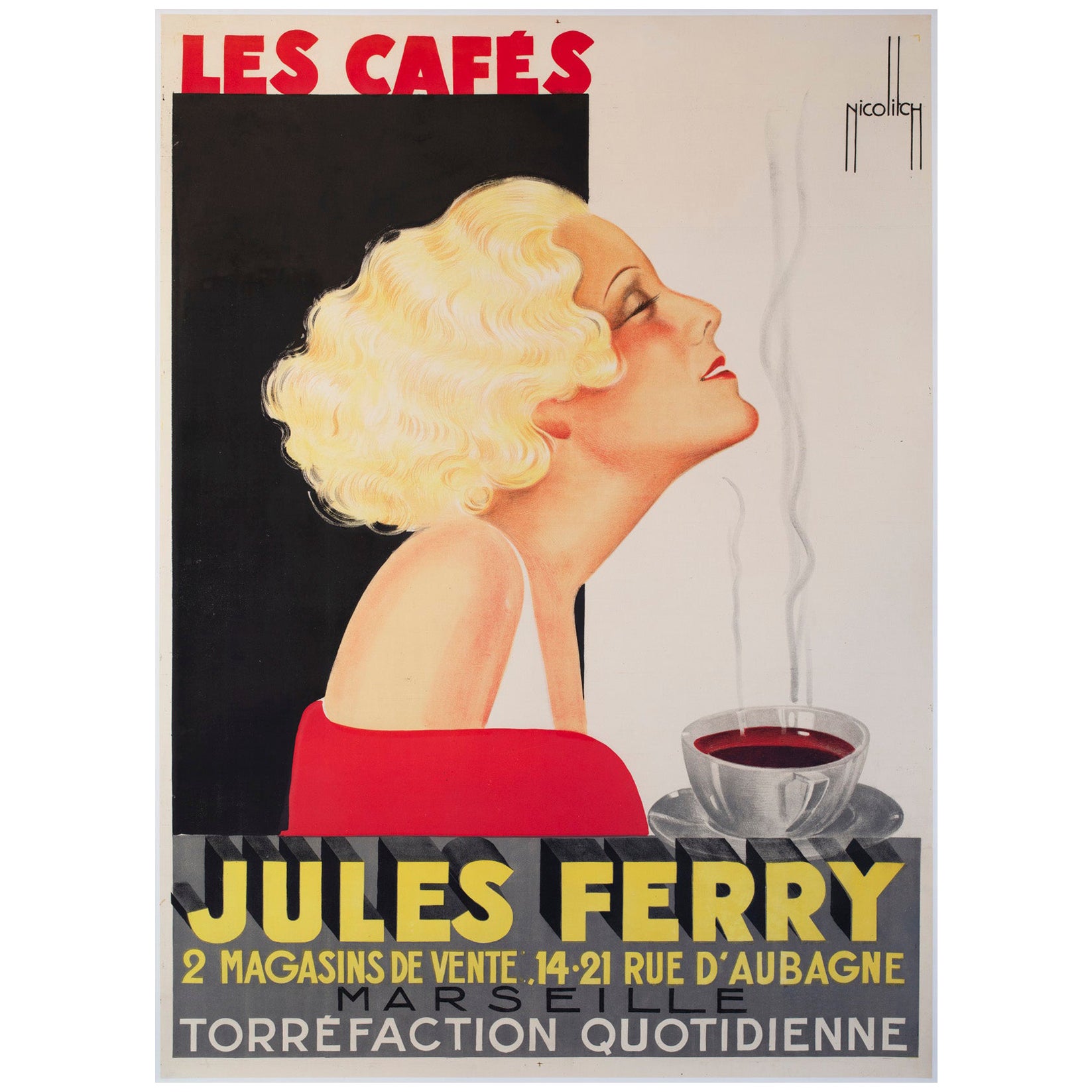 Les Cafés Jules Ferry 1935 Affiche publicitaire française des cafés de Marseille, Nicolitch en vente