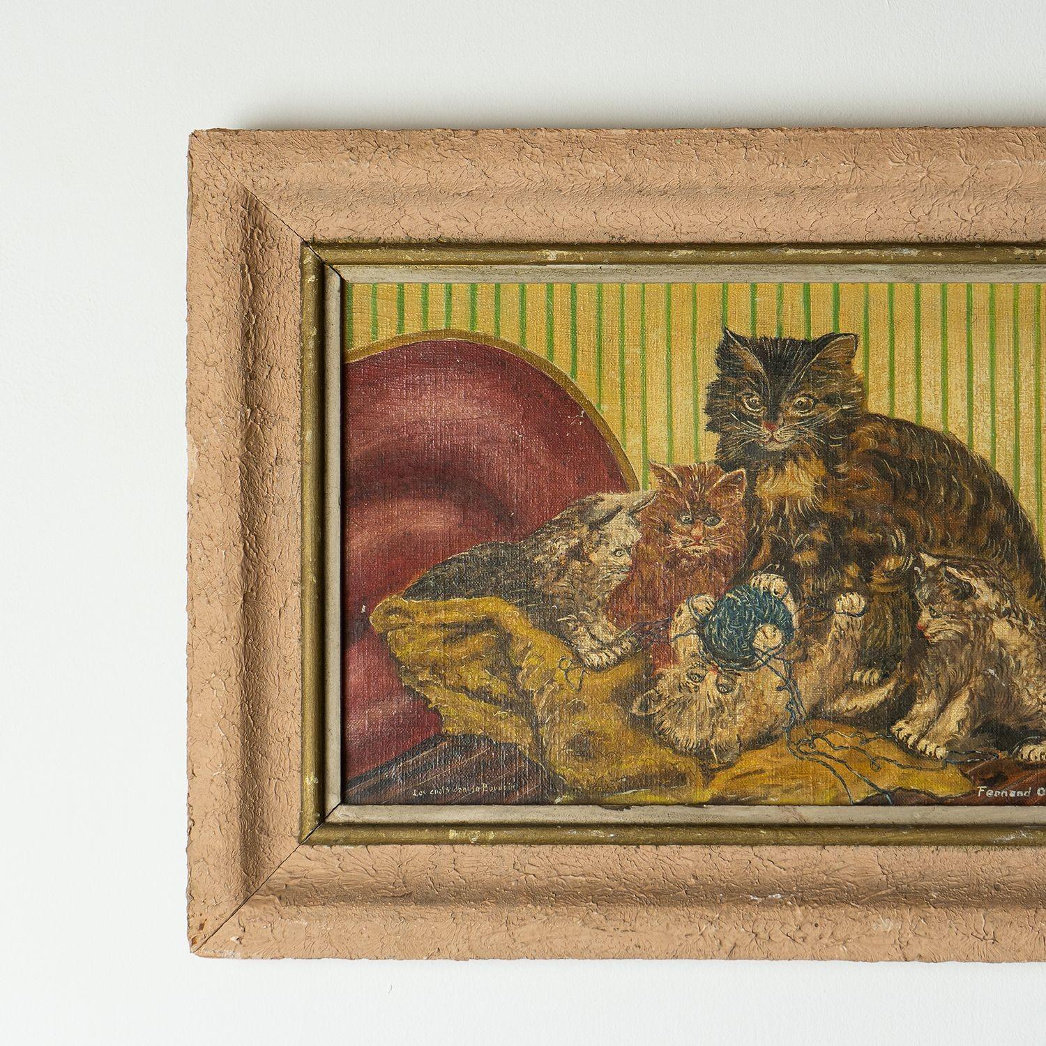 20th Century 'Les Chats dans le Boudoir' French Folk Art Cat Painting, 1930s Antique Original