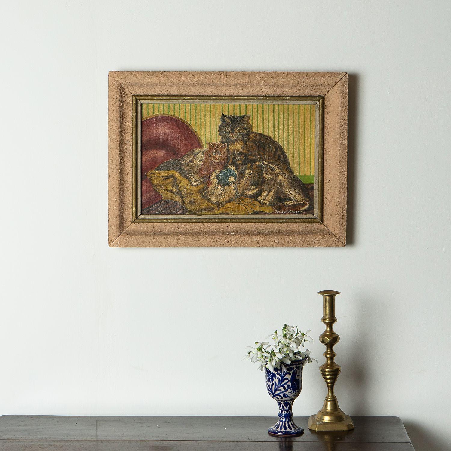 'Les Chats dans le Boudoir' French Folk Art Cat Painting, 1930s Antique Original 1