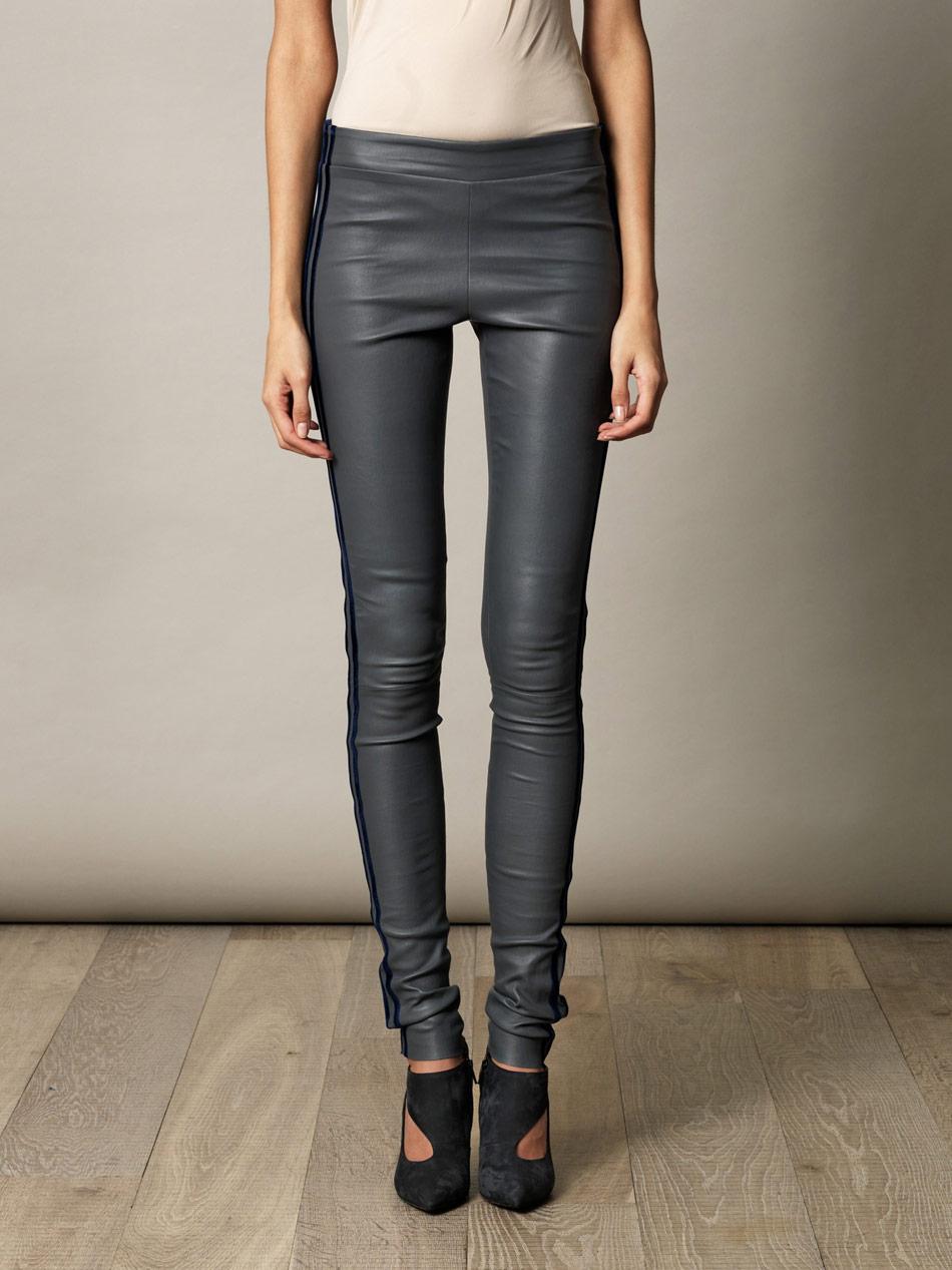 Les Chiffoniers Grey Leather Velvet Trim Leggings - Size US2 In New Condition For Sale In London, GB
