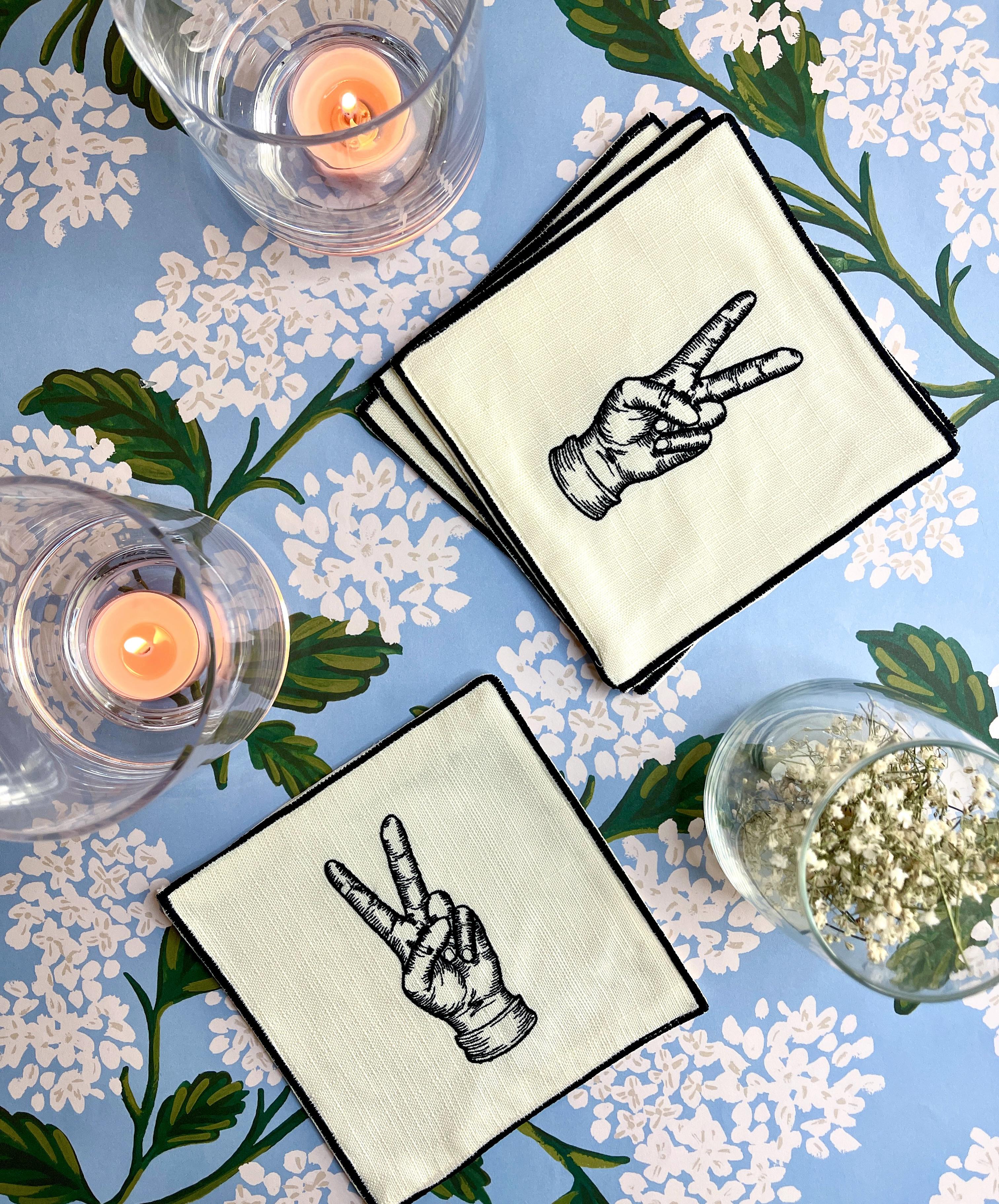 Embroidered Les Clements Linen Cocktail Napkin Set of 4 For Sale