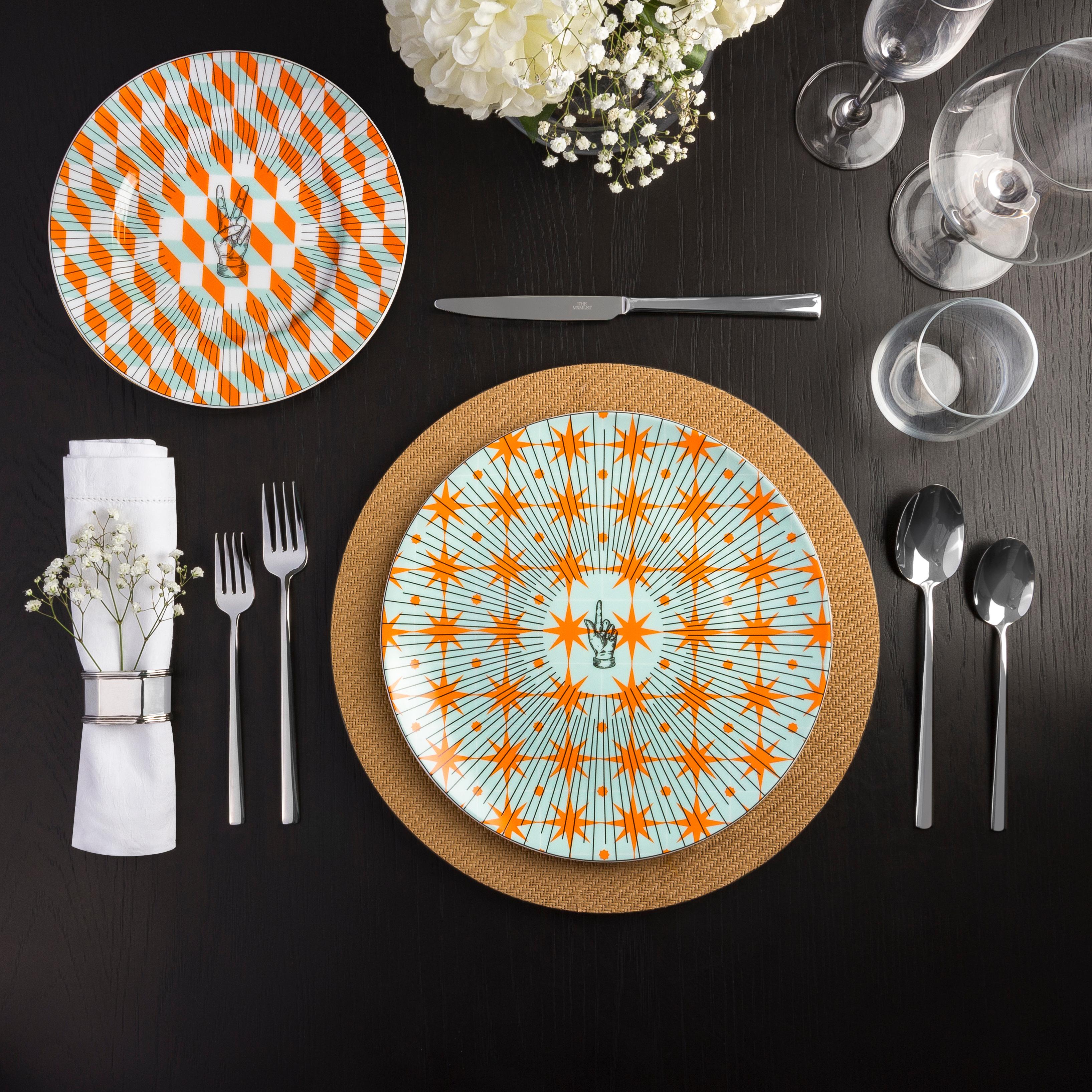 Inspired by the geometric patterns featured in Portuguese tiles, the Les Clément Dinner will add a layer of cool-ness to your dinner table. Dynamic black lines that lead up to the hand motifs bring a sense of playfulness that will surely enlighten