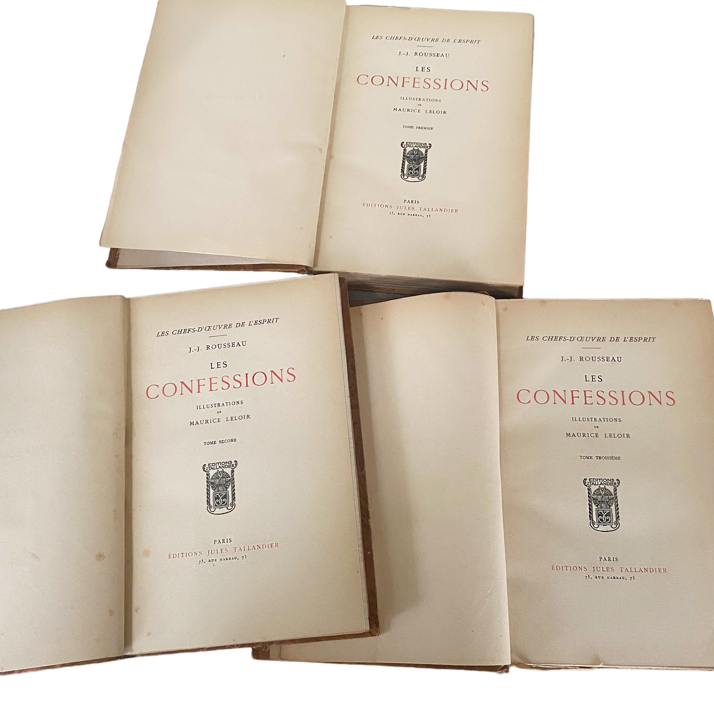 Brown Les Confessions French Antique Books by J-J ROUSSEAU Leather Bound 3 Volumes  For Sale