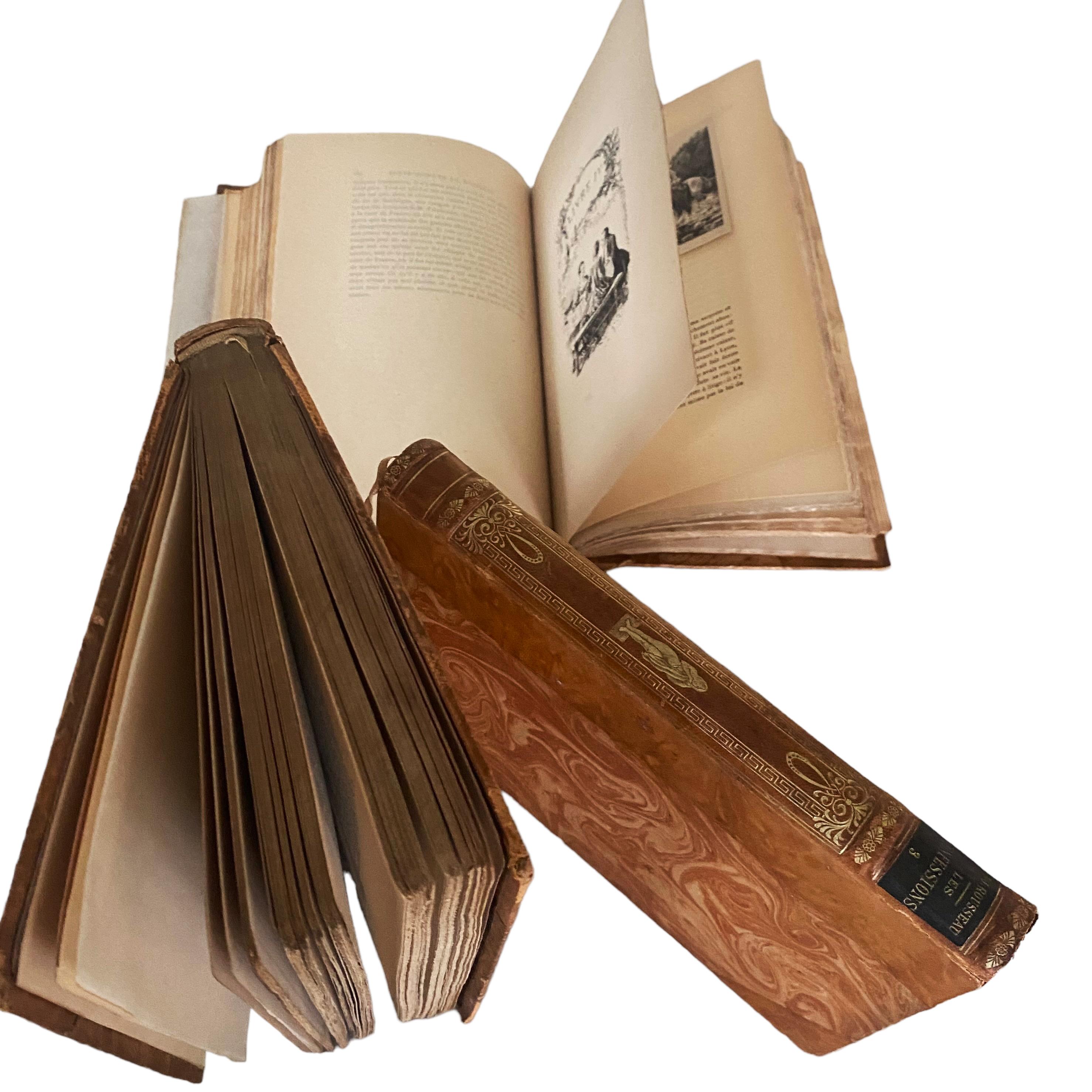 Les Confessions French Antique Books by J-J ROUSSEAU Leather Bound 3 Volumes  In Good Condition For Sale In Boston, MA