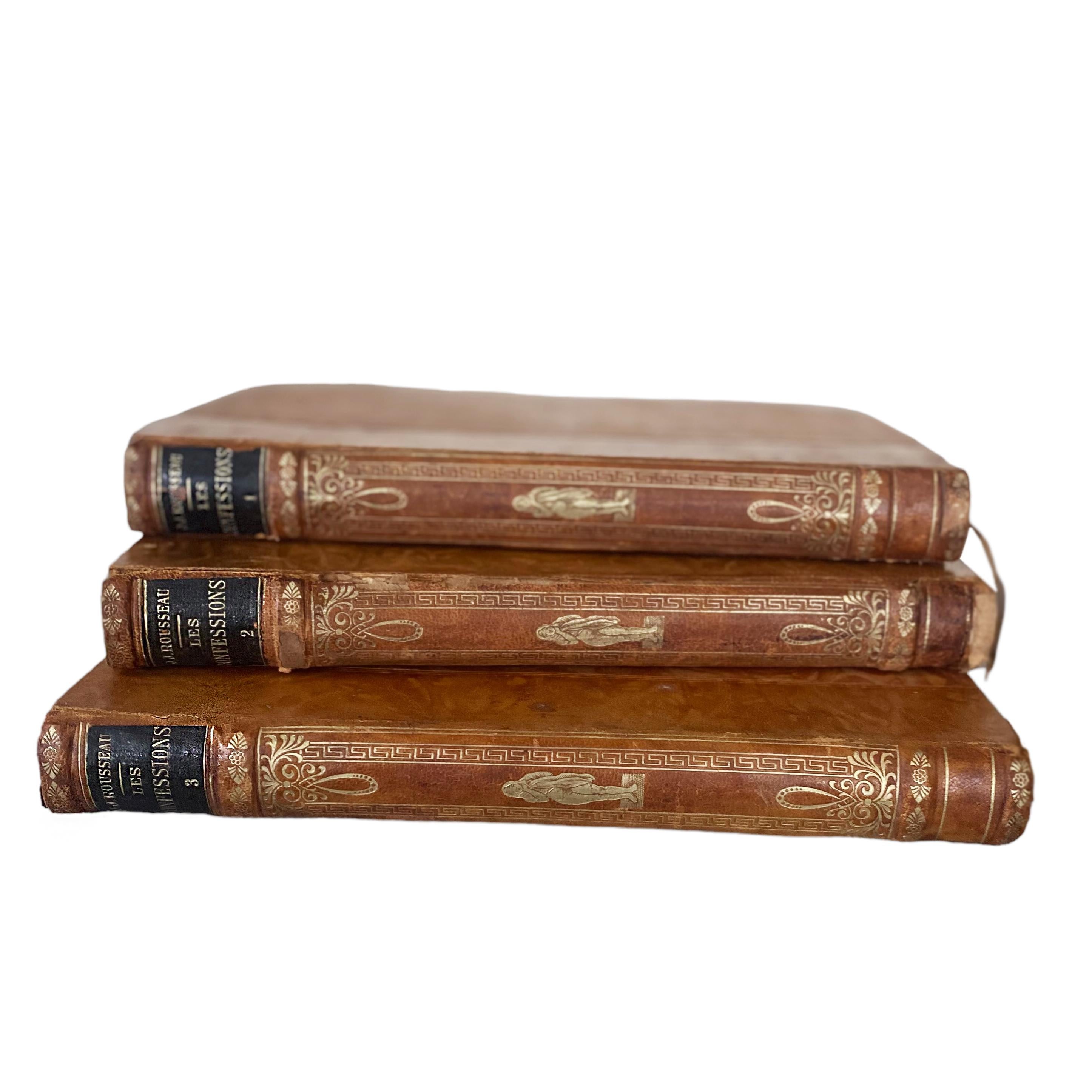 Les Confessions French Antique Books by J-J ROUSSEAU Leather Bound 3 Volumes  For Sale 2