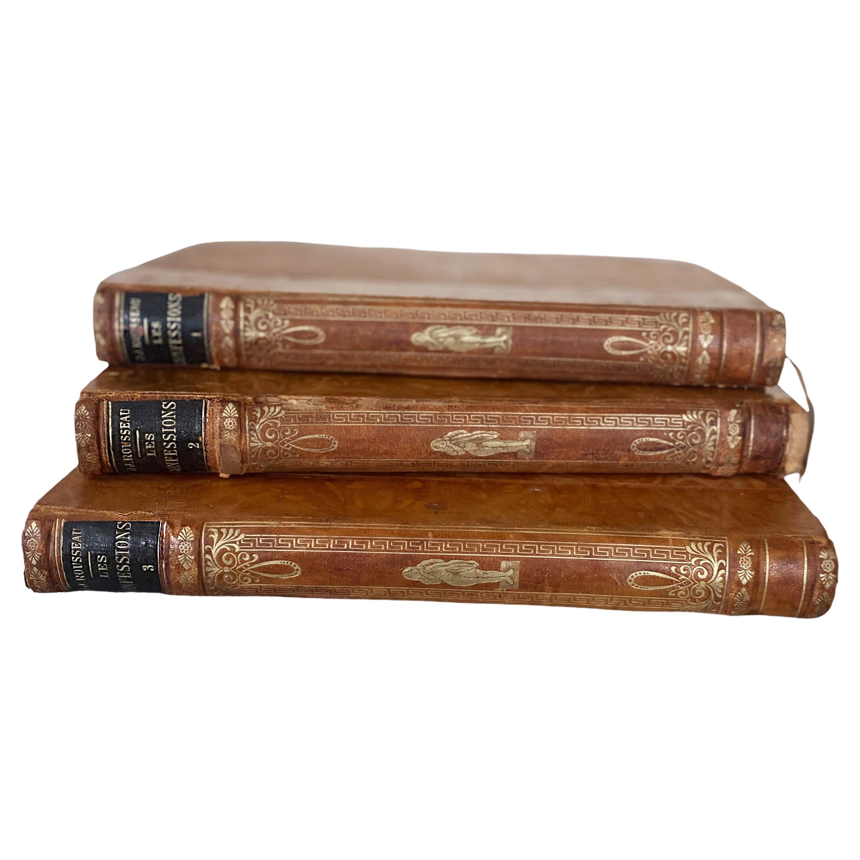 Les Confessions French Antique Books by J-J ROUSSEAU Leather Bound 3 Volumes  For Sale