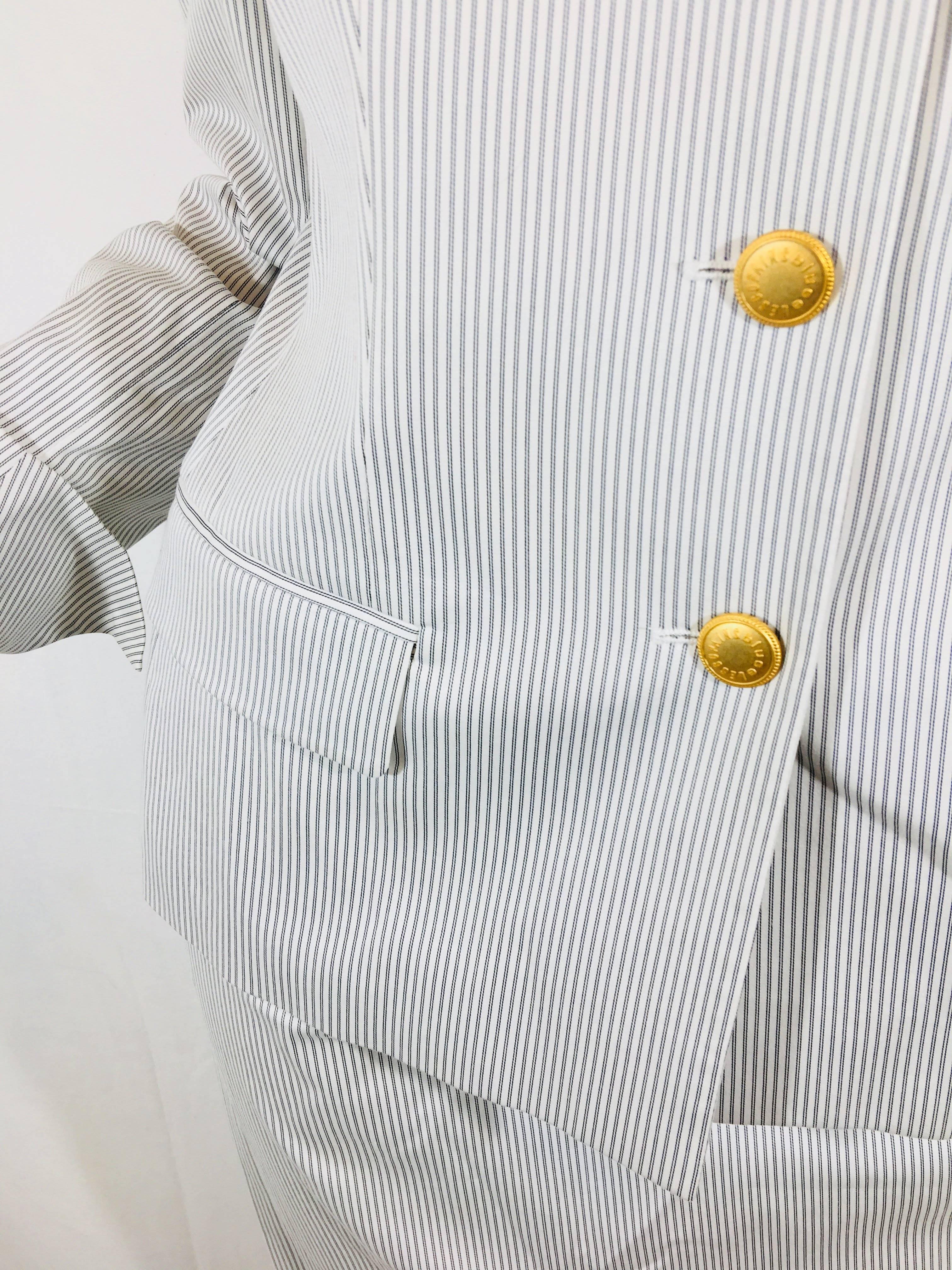 Les Copains 2 Piece Skirt Suit. Four Gold Button Closure Blazer with Pencil Skirt in White/Navy Seersucker Cotton.