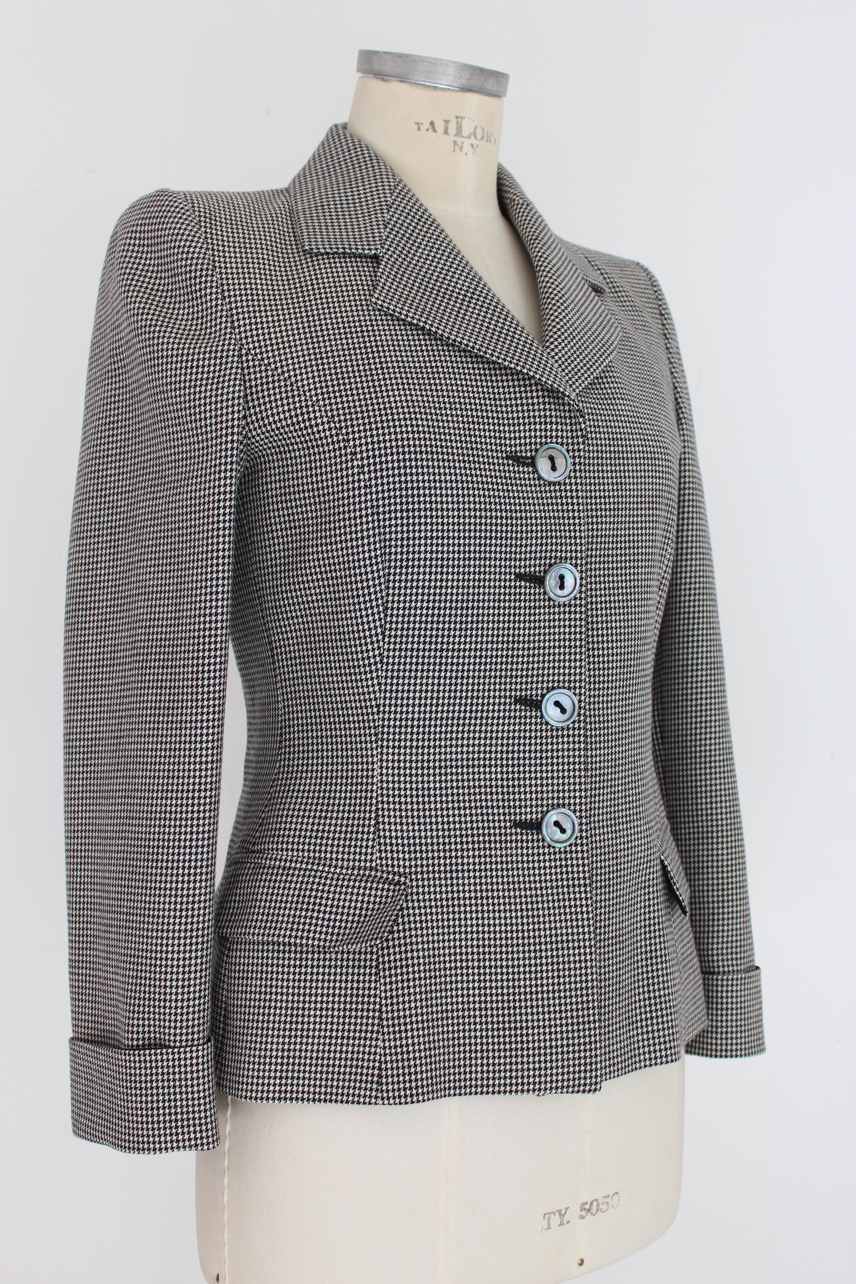 Gray Les Copains Black White Wool Check Fitted Jacket For Sale