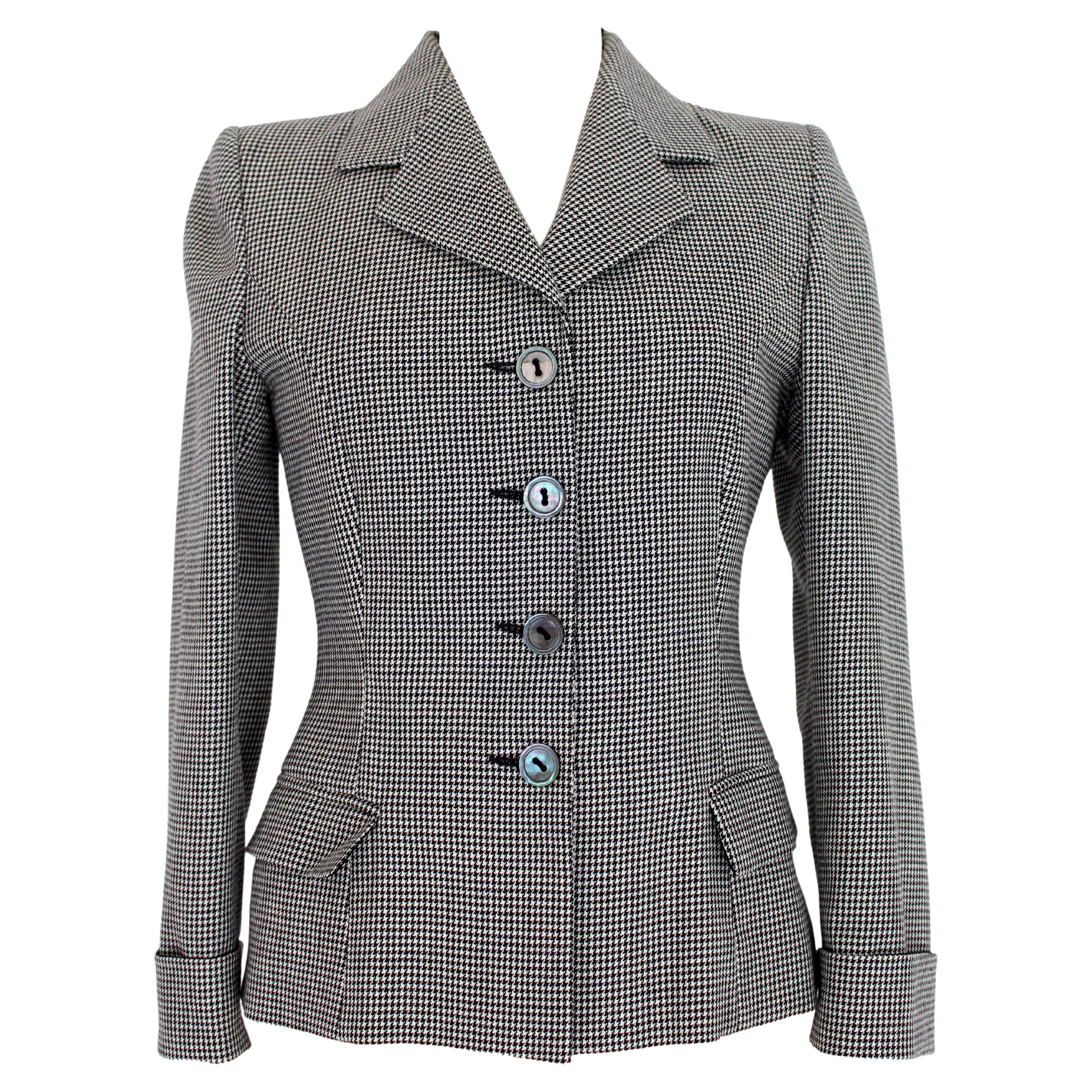 Les Copains Black White Wool Check Fitted Jacket For Sale