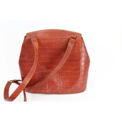 Les Copains Bucket Brown Leather Croc-Embossed Shoulder Bag