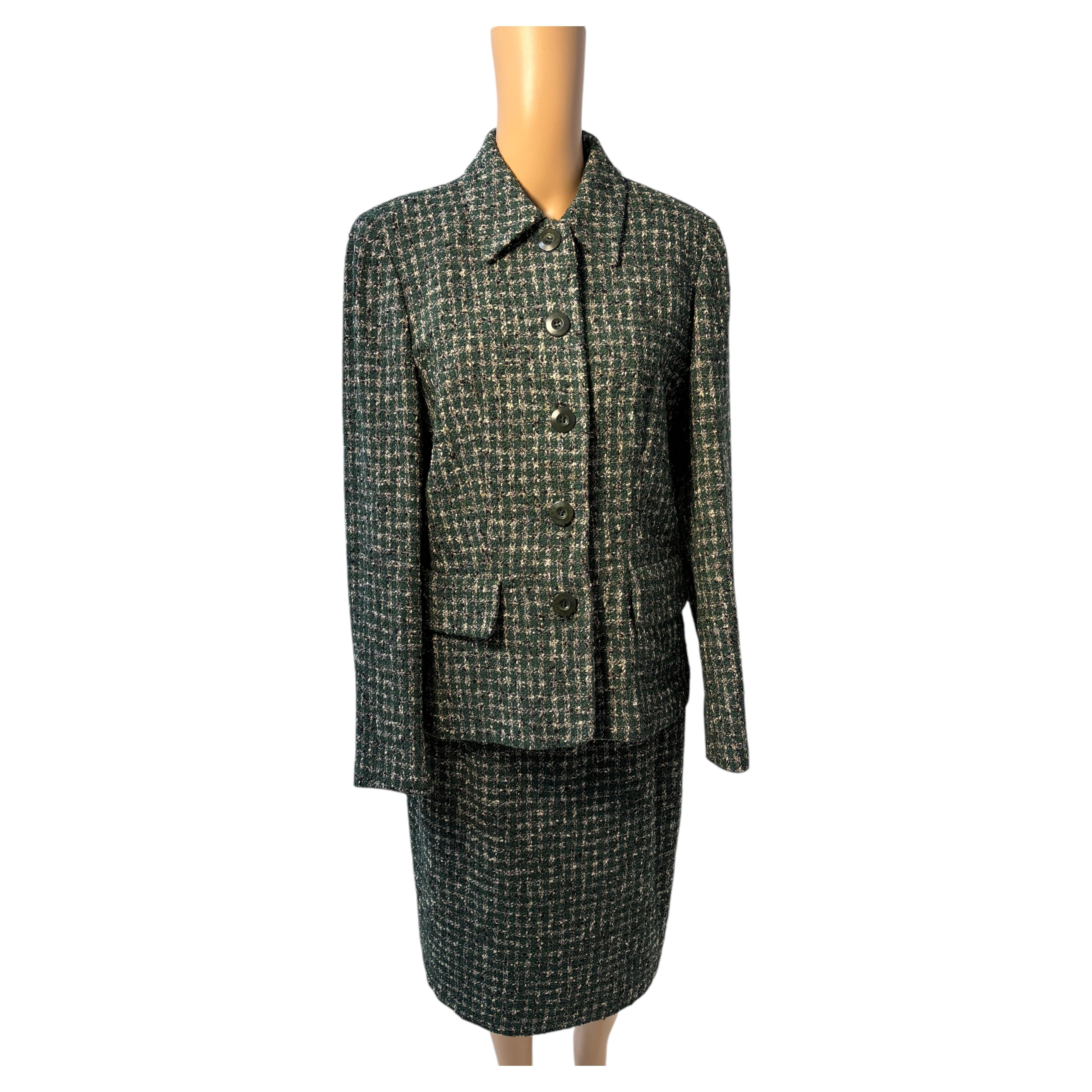 Les Copains Green Wool Tweed Skirt Suit Classic Italian Tailored Set