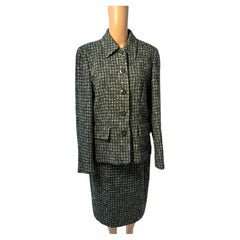 Les Copains Green Wool Tweed Skirt Suit Classic Italian Tailored Set