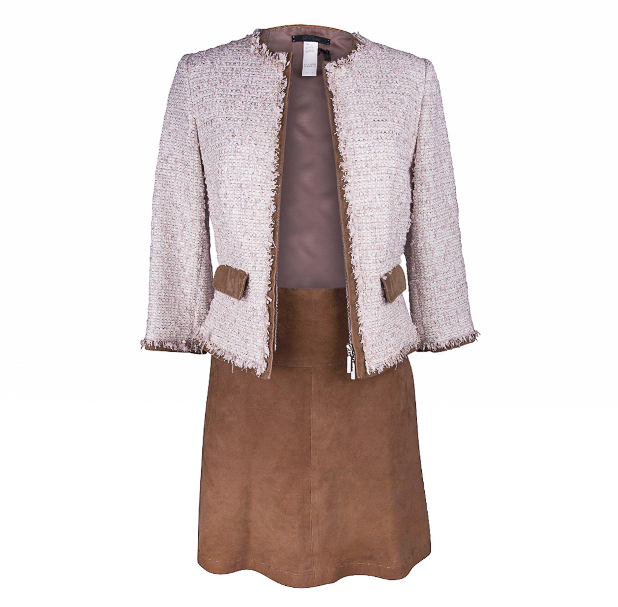 Les Copains Jacket Pink Fantasy Tweed Suede Edging Skirt Set 6 New For Sale 7