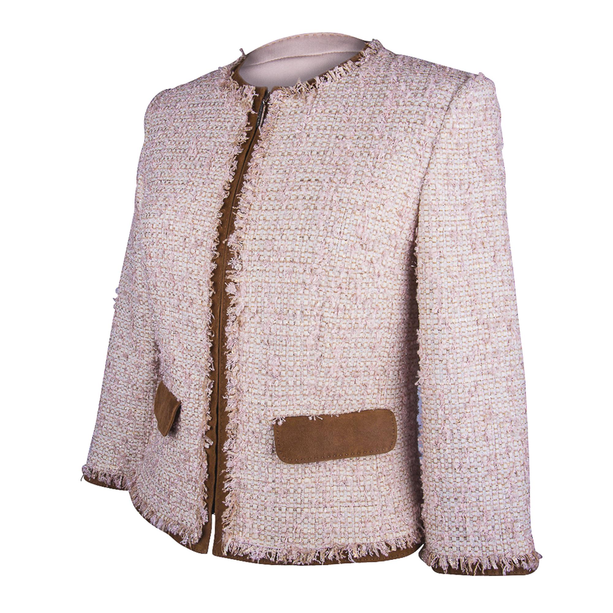 Tailleur jupe en daim et veste en tweed rose fantaisie bordée de daim Les Copains, Neuf en vente 1