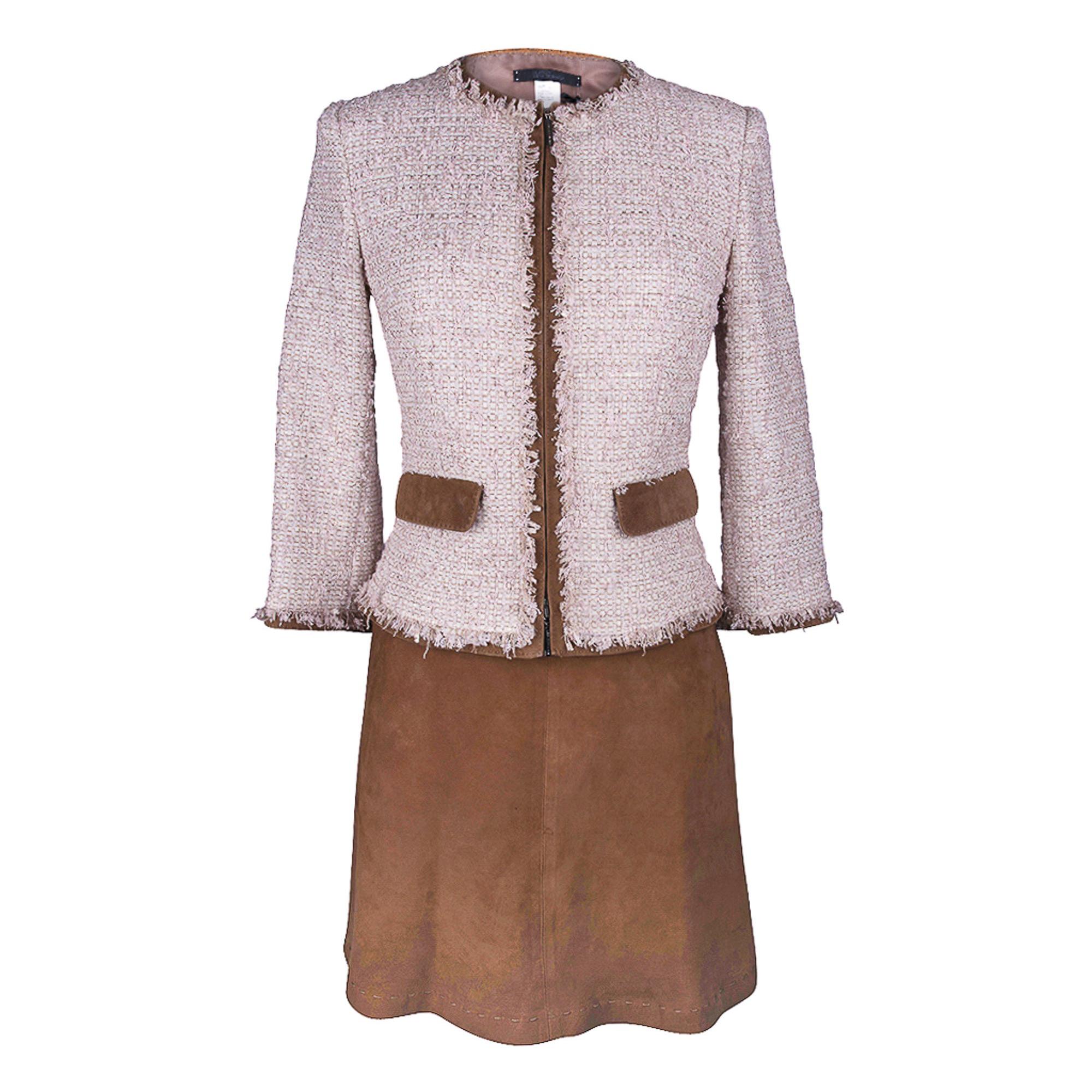 Les Copains Jacket Pink Fantasy Tweed Suede Edging Skirt Set 6 New For Sale