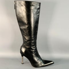 LES COPAINS Size 7 Black Silver Leather Back Zipper Calf High Stiletto Boots