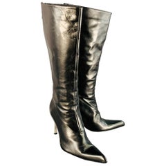 LES COPAINS Size 7 Black Silver Leather Back Zipper Calf High Stiletto Boots