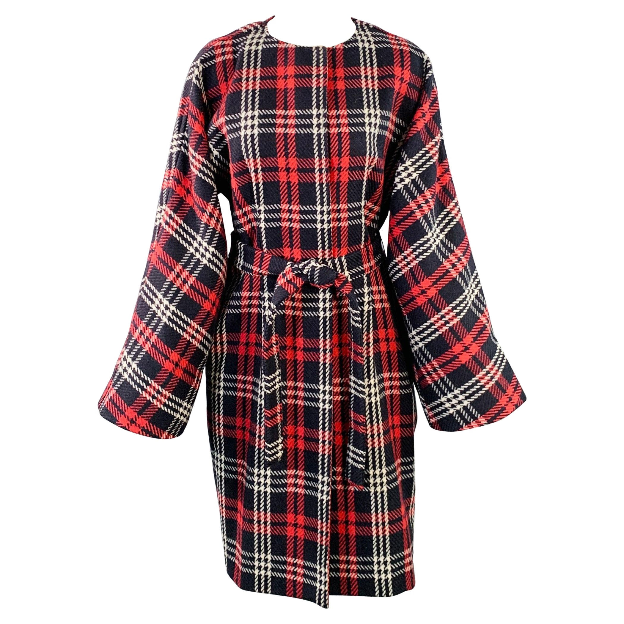 LES COPAINS Size S Black Red White Wool Plaid Collarless Belted Coat