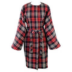 LES COPAINS Size S Black Red White Wool Plaid Collarless Belted Coat