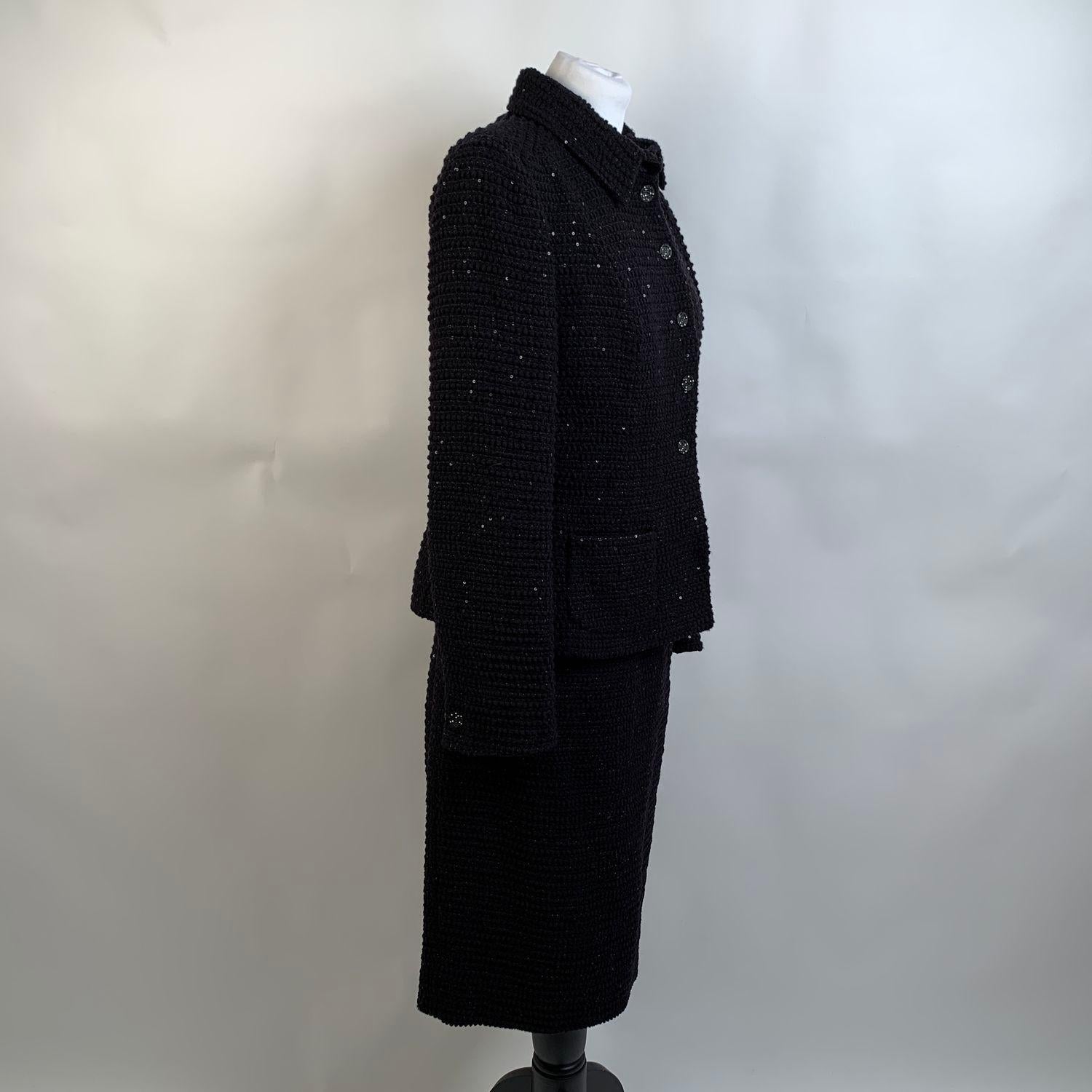 Les Copains Vintage Black Sequin Wool Skirt Suit Size 44 In Excellent Condition In Rome, Rome